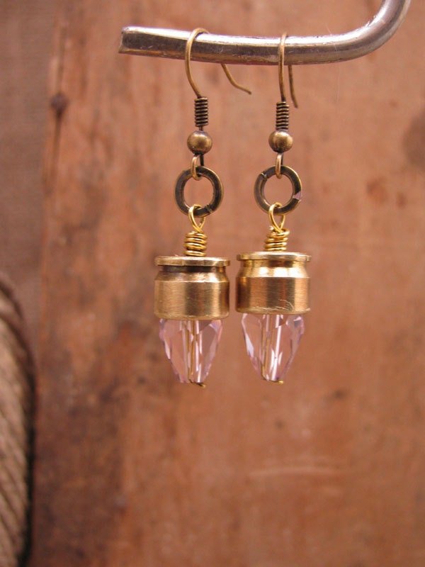 Bullet Casing Jewelry - Petite Cut .223 Military Issue Rifle Casings with Pretty Pink Teardrop Crystal Bullet Tips - Cancer Awareness