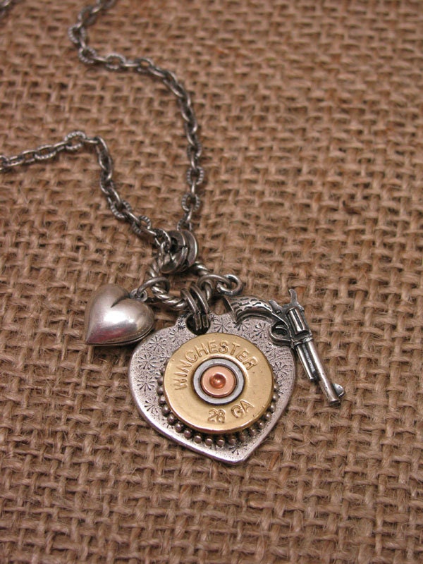 Shotgun Casing Jewelry - Shot Through the Heart - Silver Heart Pendant w/ Winchester 28 Gauge Shotgun Shell, Gun & Heart Charm