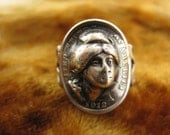 Ring - Size 5 - 1912 Silver Dime Pop Out Coin - Sterling Silver Ring Band - Repousse Jewelry - Antique Ring - Collectible Silver Ring