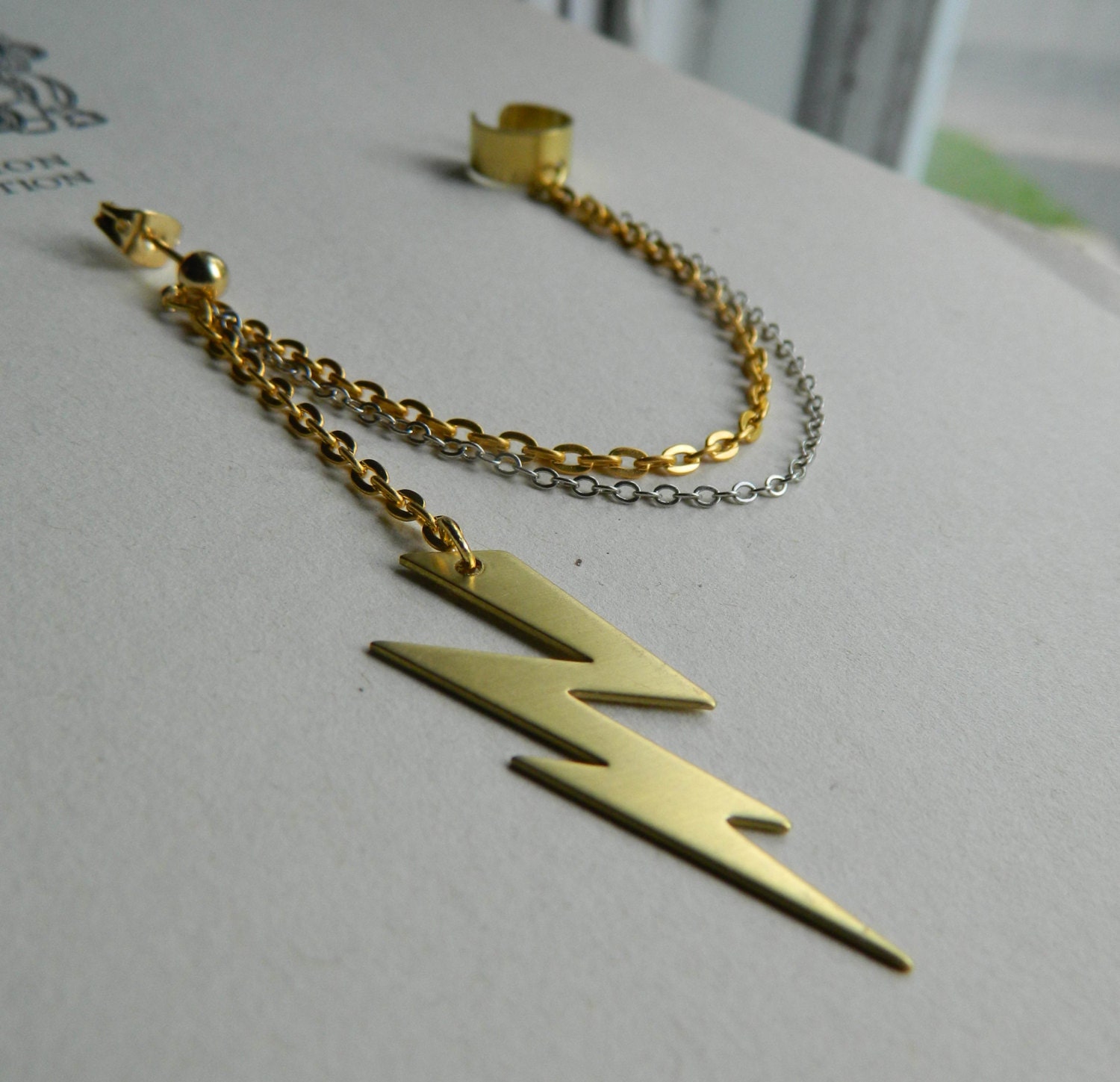 Gold and Silver Lightning Bolt Earring and Ear Cuff