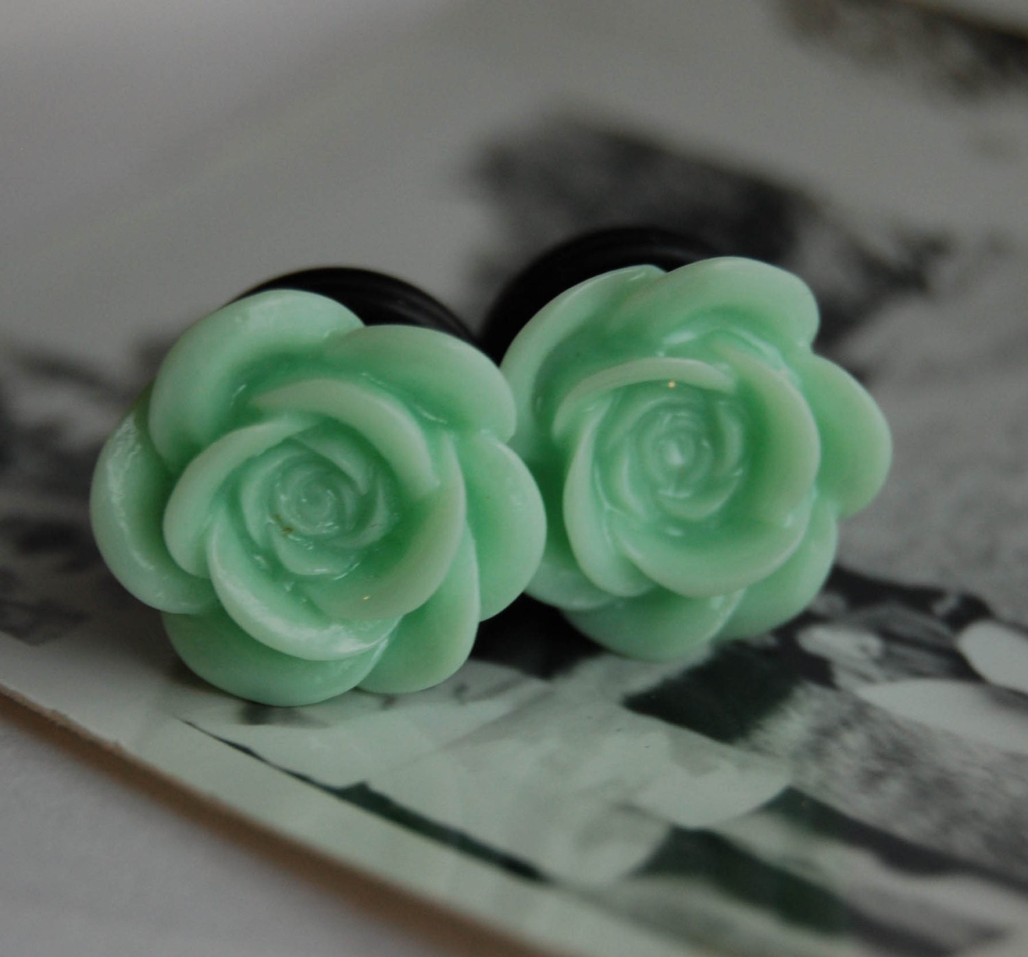 Half inch (13mm) Mint Green Rose Flower Plugs for Gauged Ears