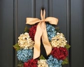 Patriotic Wreath,Vintage Inspired Decor,Summer Wreaths,Hydrangeas,July 4th Decorations,Wreath,Primitive