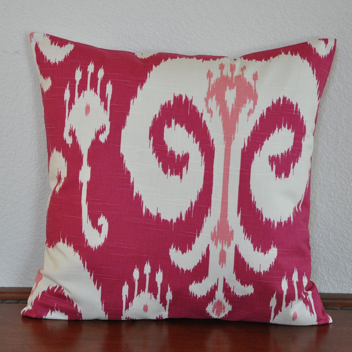 Decorative Ikat Pillow Cover 20x20 inches Raspberry and White