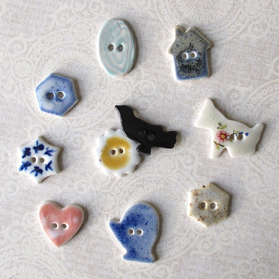 SALE...Handmade Porcelain Button Medley 2: Ten Assorted Buttons. Mitten, Heart, Blackbird, Snowflake, House, Daisy, Dog, Geometrics