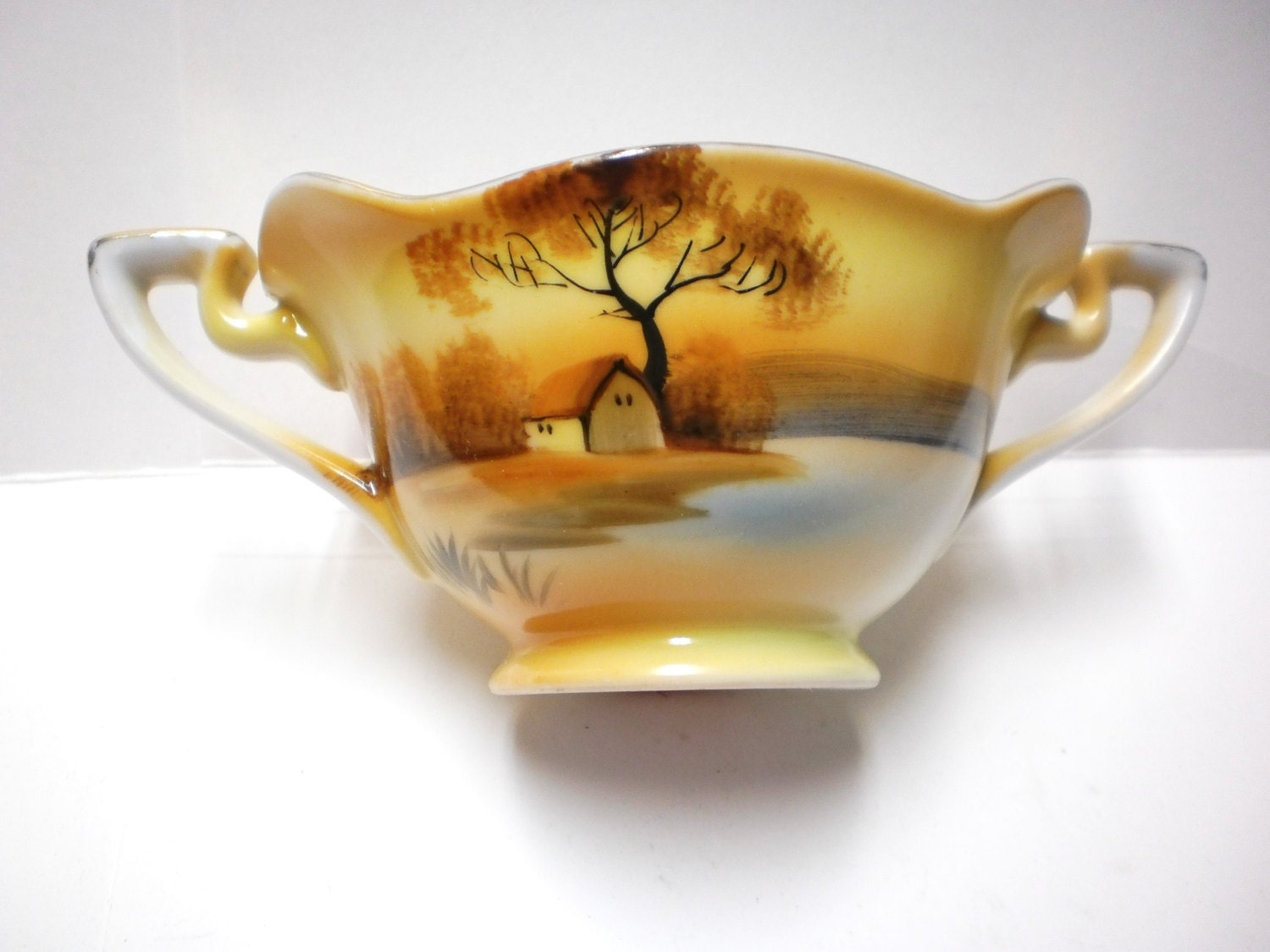 Noritake Sugar Bowl Handpainted Porcelain China Open Fluted Footed Tree in Meadow Cottage House by Lake Hand Painted Vintage Japan Peach M