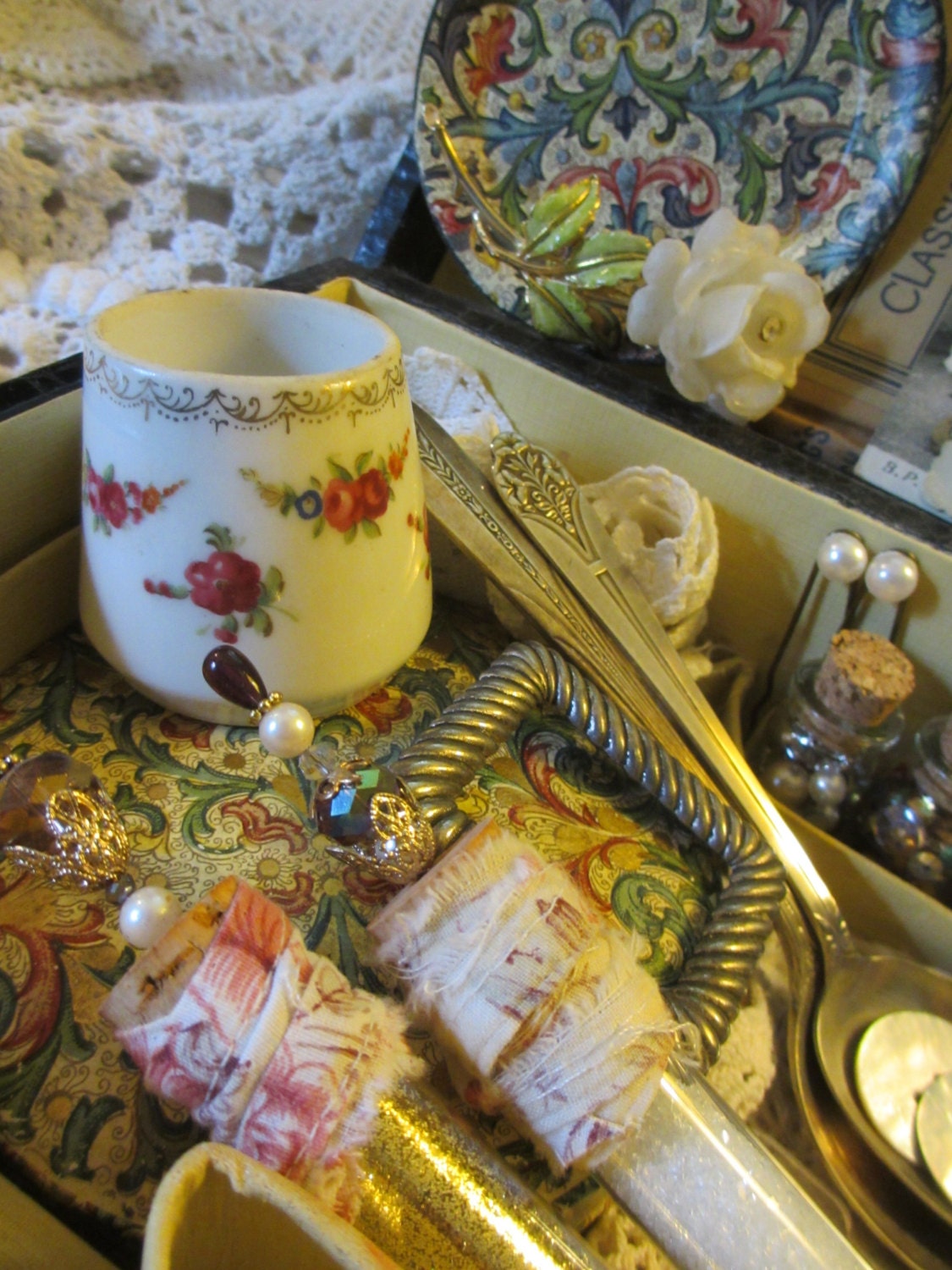 Inspiration Traveling Suitcase  Of  Vintage Supplies Silver Spoons Lace  MOP Buttons Mixed Media Collage