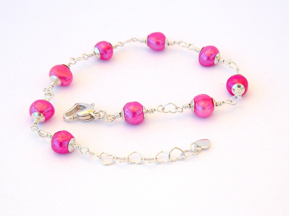 Hot Pink Pearl Sterling Silver Hearts Link Bracelet, Magenta Jewelry, Neon Pink