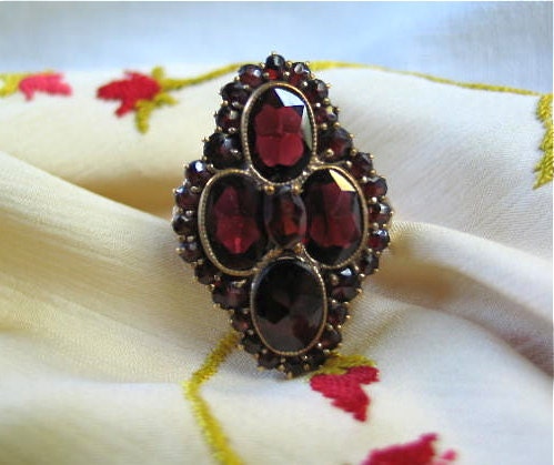 Bohemian Garnet Ring Victorian Era 14K Gold Shank Germany Size 10