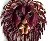 1960s Lion Pendant, Articulated Great Cat, LEO Pendant on Gold Metal Chain, Wine Red Enamel, King of the Animals, Zoo, Circus, Wild