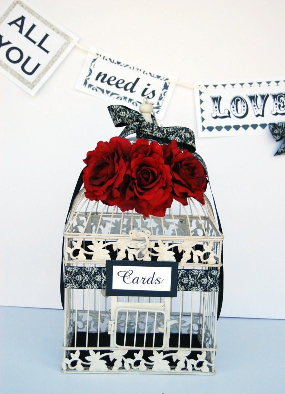 Large Wedding Bird Cage Card Holder - Black and Ivory Damask with Dark Red Roses