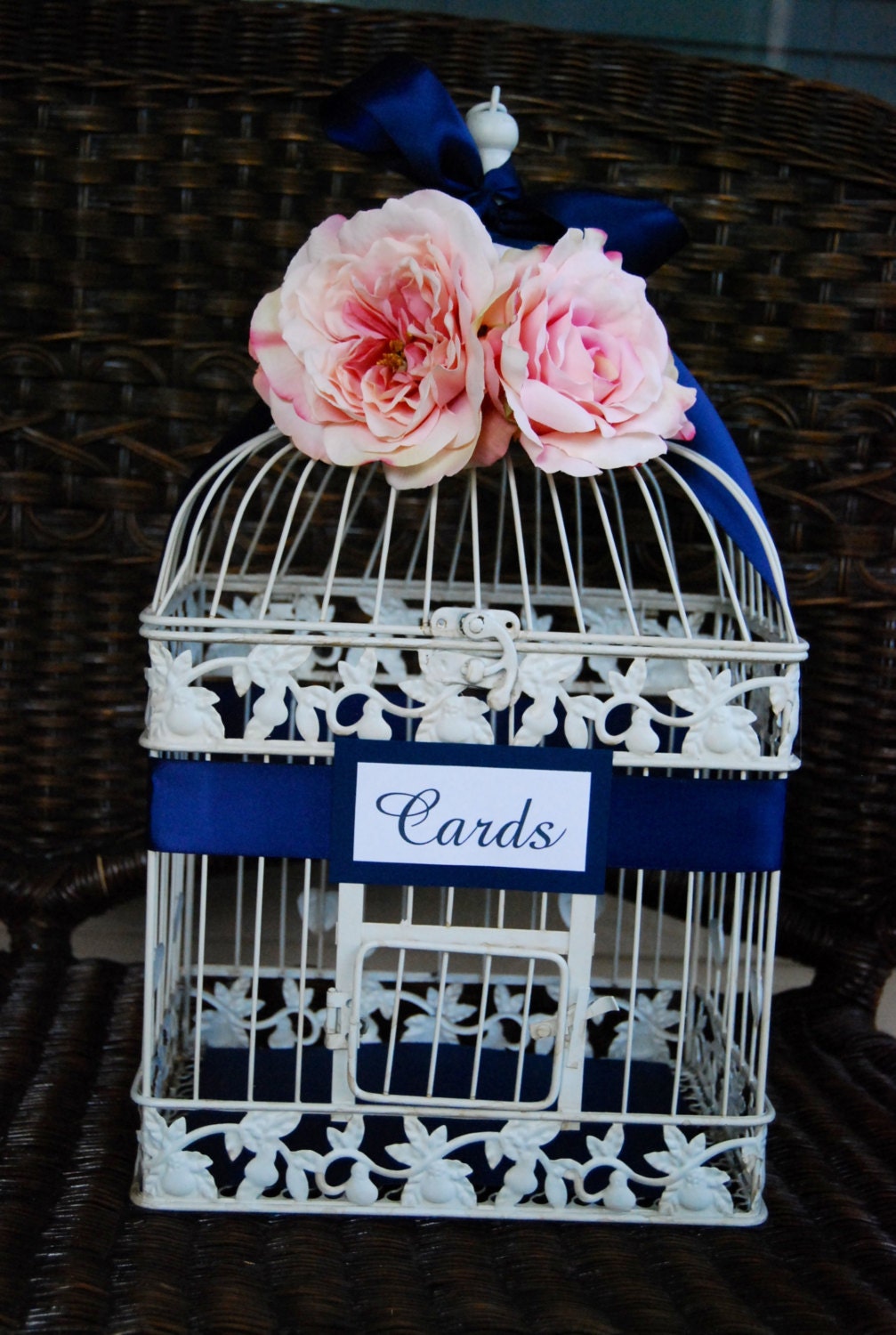LARGE Custom Wedding Bird Cage Card Holder - Navy & Blush Pale Pink(Customizable To Match Your Wedding Colors)