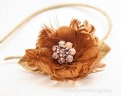 Vintage feather flower headband with vintage center, adult headbands