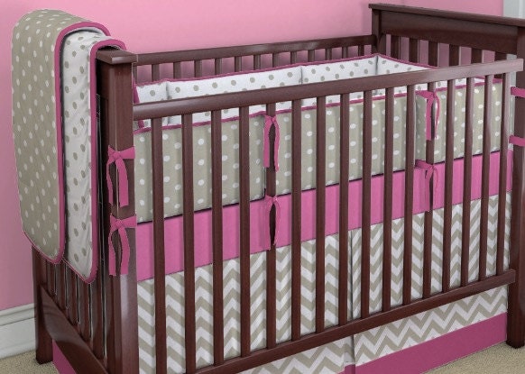 Crib Bedding Set Taupe White Pink