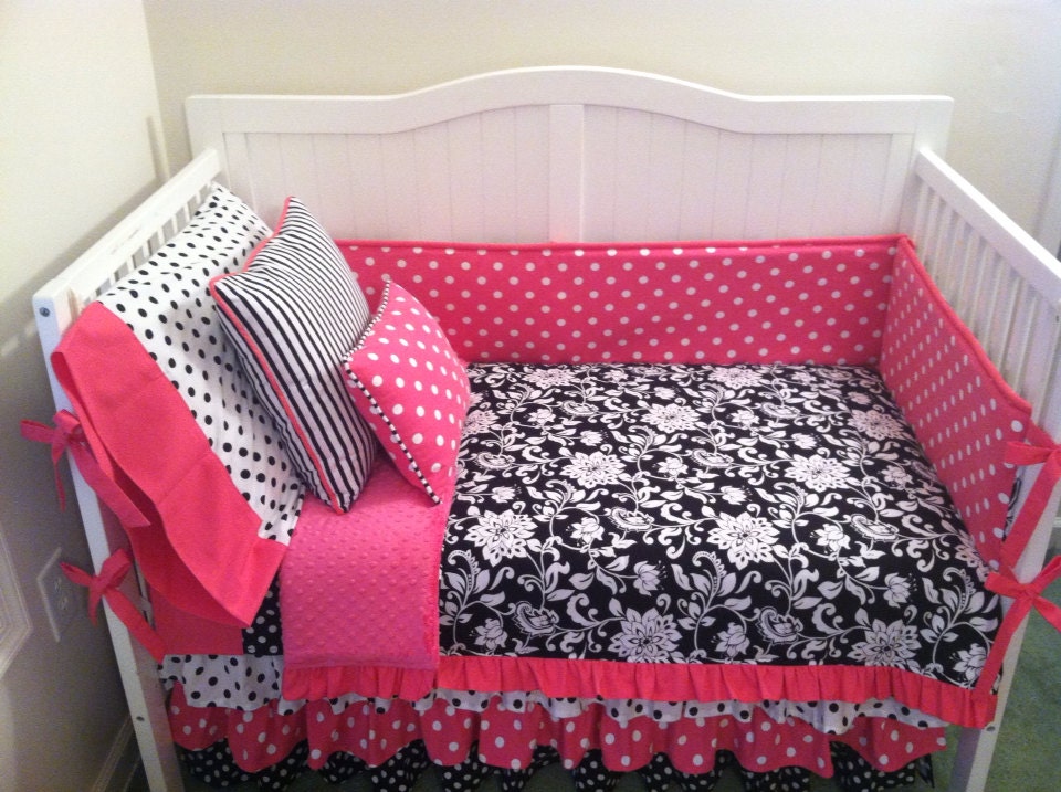 Pink and Black Ruffled Crib Bedding Set