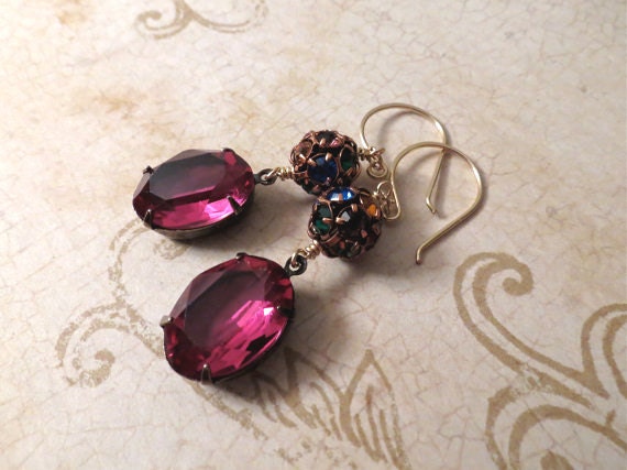 Dark Pink Glass Jewel Earrings, Multi-color Stone Bead Accents : old Hollywood, vintage glam, regal estate jewelry - Summer SALE 20% off