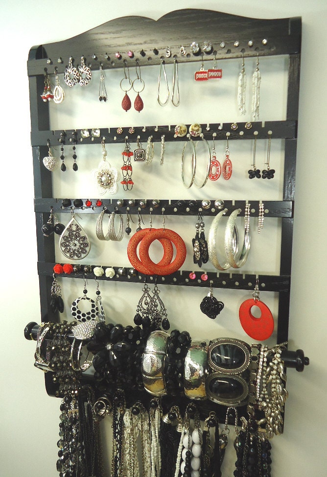 Jewelry Holder, Bangle Bracelet Rod Holder, Oak Wood, Holds 148 Earring Pairs, 11 Necklace Jewelry Pegs, Ebony (Black), Ready To Ship