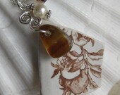 Sea Glass and Beach Pottery Necklace Pendant - Lovely Browns - Victorian