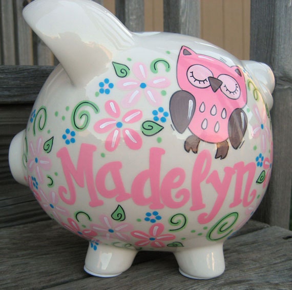 Owl and Flowers-Personalized Piggy Bank-Large