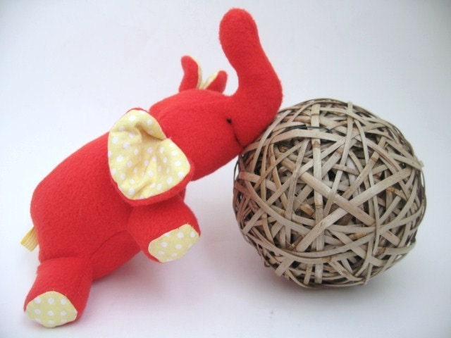 Elephant  Plush - Stuffed Animal - Red fleece with yellow polka dots accents- Small