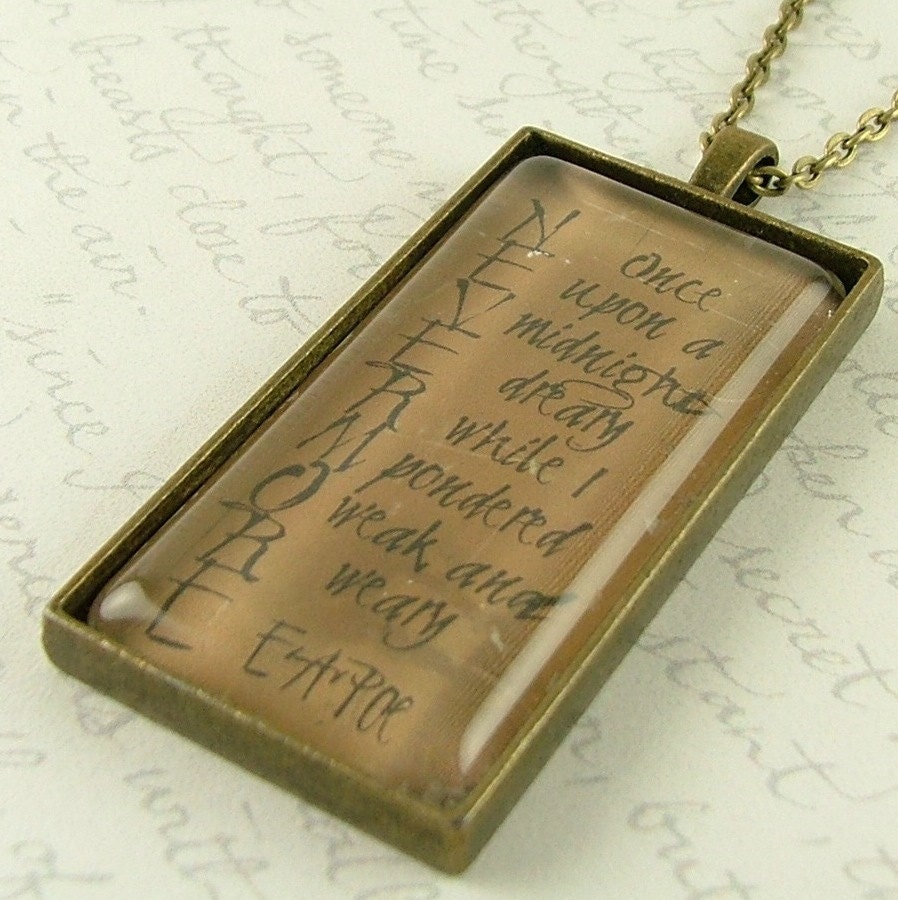 The Raven - Edgar Allan Poe Jewelry - Nevermore - Literary Quote Brass Glass Pendant Necklace