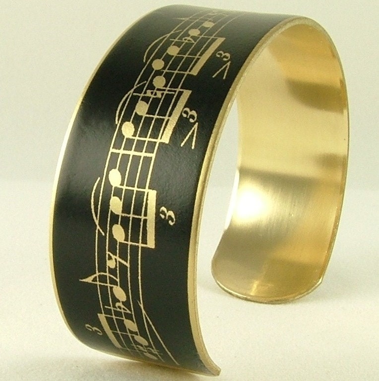 Love Music Slim Cuff - Sheet Music - Black Bracelet in Brass Musical Notes Jewelry