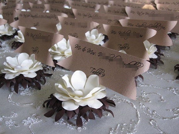 Custom Mocha and Cream Paper Flower Escort Cards