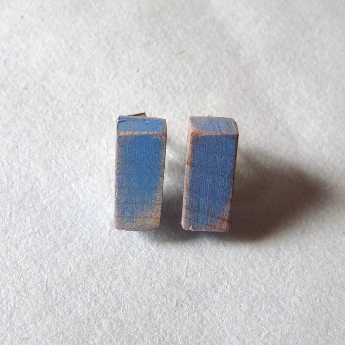 Teeny tiny wooden earrings in blue