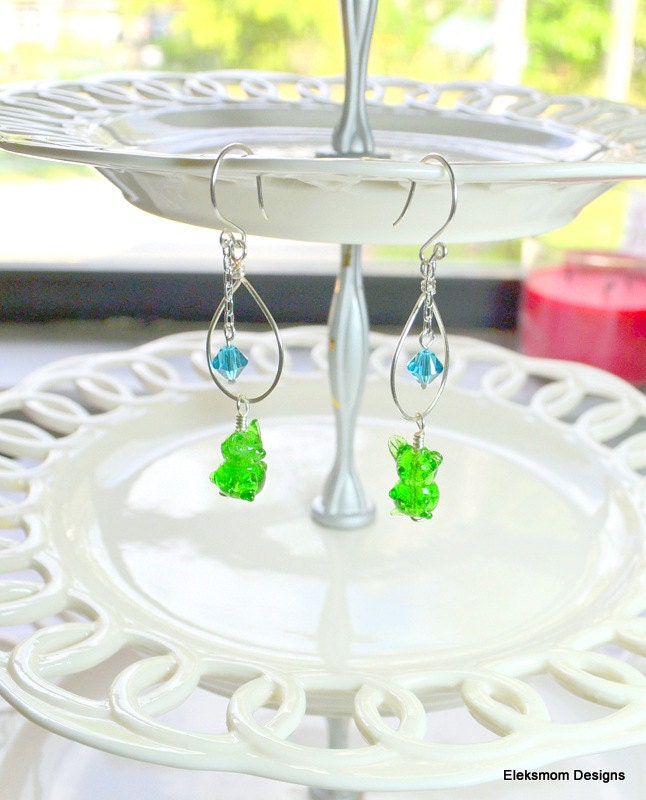 Whimsical glass gummy bear earrings  Swarovski elements  Hand forged wirework