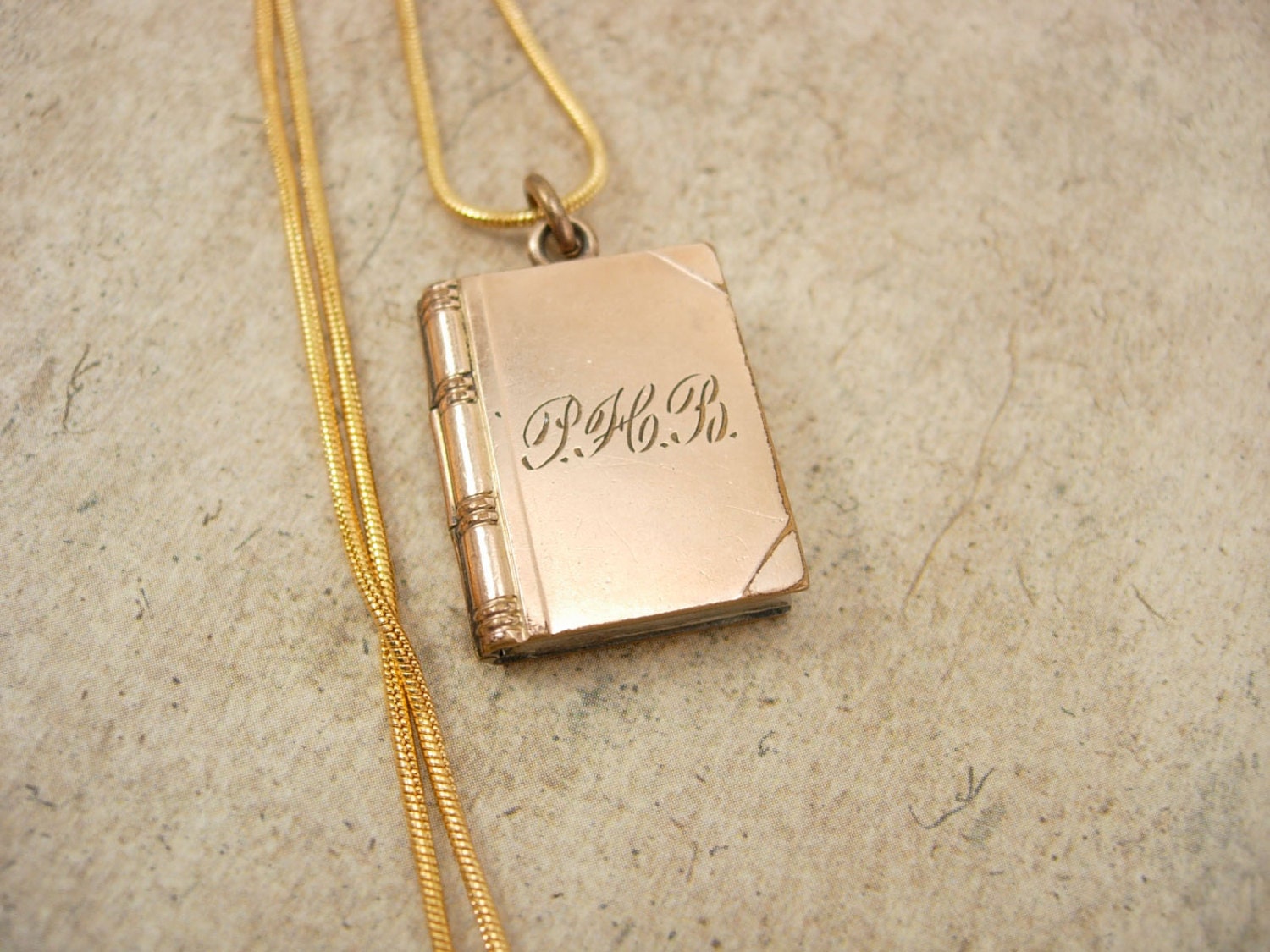 ANtique rose gold filled  Book Locket necklace  ornate photo insert heirloom