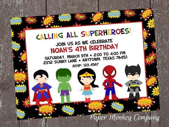 Superhero Birthday Invitation - 1.00 each with envelope Il_570xn