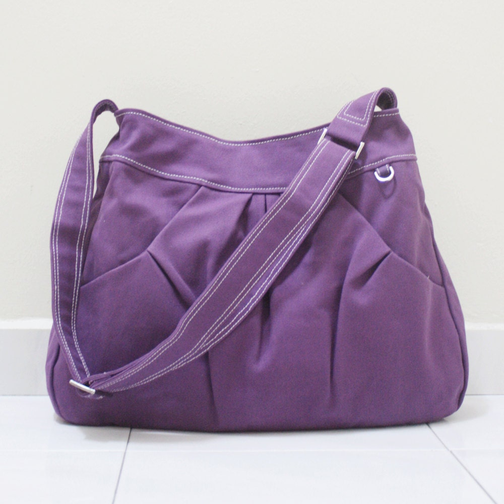 May Sale - Purple Canvas Women Single Strap, shoulder bag, Cross body Sling bag, Handbag - Pleated Hoodie Market Bag
