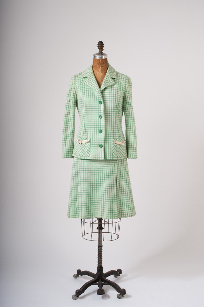 1960's Tricosa Green Plaid Wool Suit - Mod Paris Designer Checkered Suit - Made in France