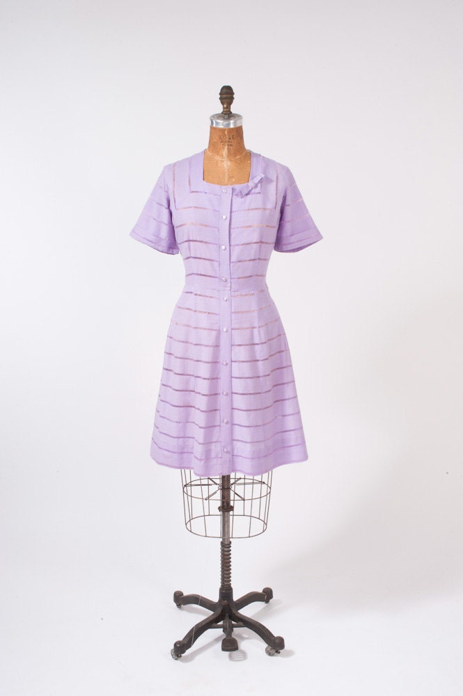 1950's Lavender Shirt Dress - Lacey Spring Cotton - Secretary Day Dress