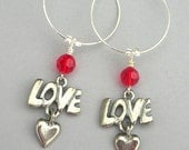 Love heart hoop earrings, antiqued silver, red Swarovski crystal