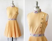 1960s peach dress / vintage mod scooter dress /  accordion pleated embroidered floral dress