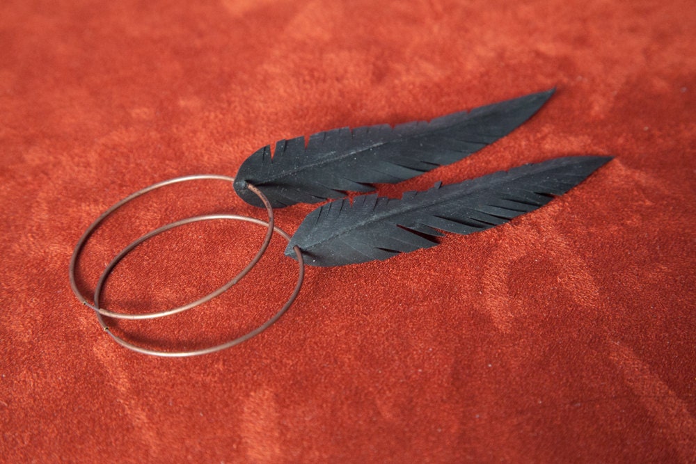 Vegan Feather Bicycle Tube Earrings On Copper Hoop Earring