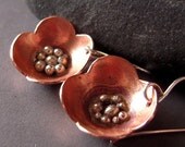 Copper Metalwork Earrings, Hand Forged, Dangle, Flower, Argentium Silver