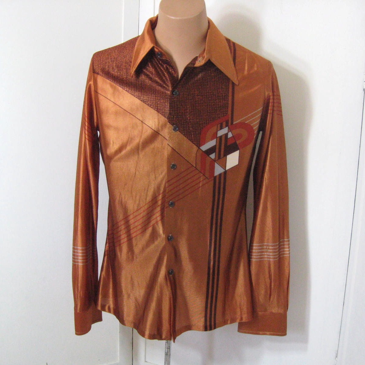 70s 1970s Vintage Disco Shirt Men's Tapered Fit Art Deco Abstract Shiny Copper Don Giovanni California Large