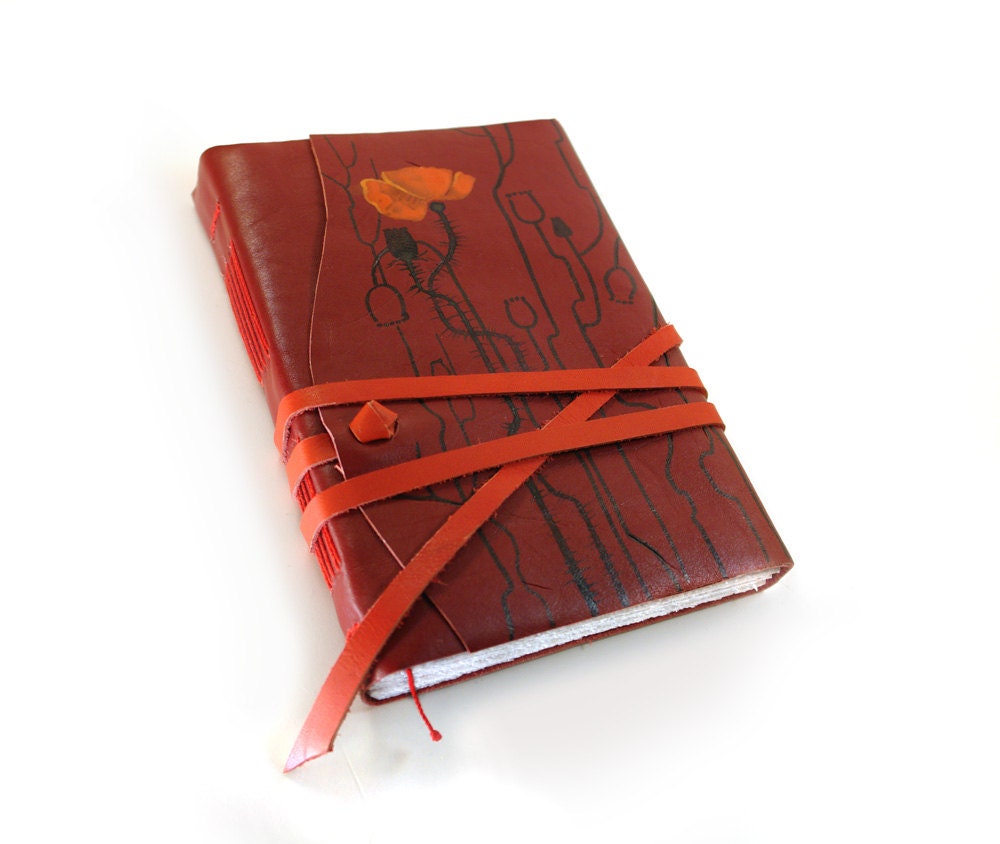 Journal - Red Leather Journal, Notebook, Diary - Dark Red Floral Romantic Journal