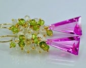 Pink Topaz Earrings Moonstone Peridot 14k Gold Fill Gemstone Wire Wrapped  Dangle Earrings