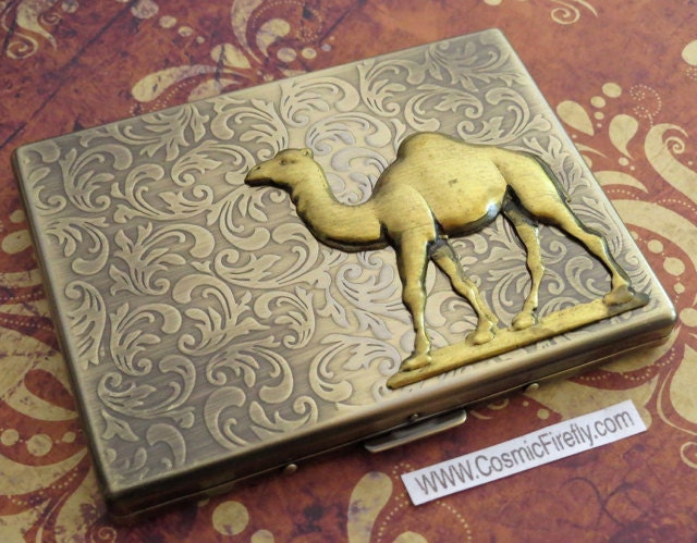 Brass Camel Cigarette Case Antiqued Gold & Brass Tones Rustic Gothic Victorian Vintage Inspired Steampunk Style Slim Case By Cosmic Firefly