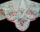 Vintage 11 1/2" Scalloped Pink and Blue Tulips Floral Blank Center Handkerchief, 8506