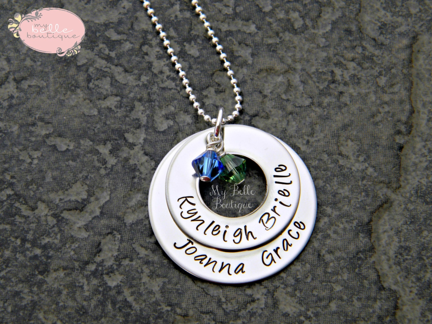 Personalized Hand Stamped Stacked Washer Necklace with Swarovski Birthstones