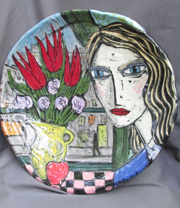 Bowl, woman in city window