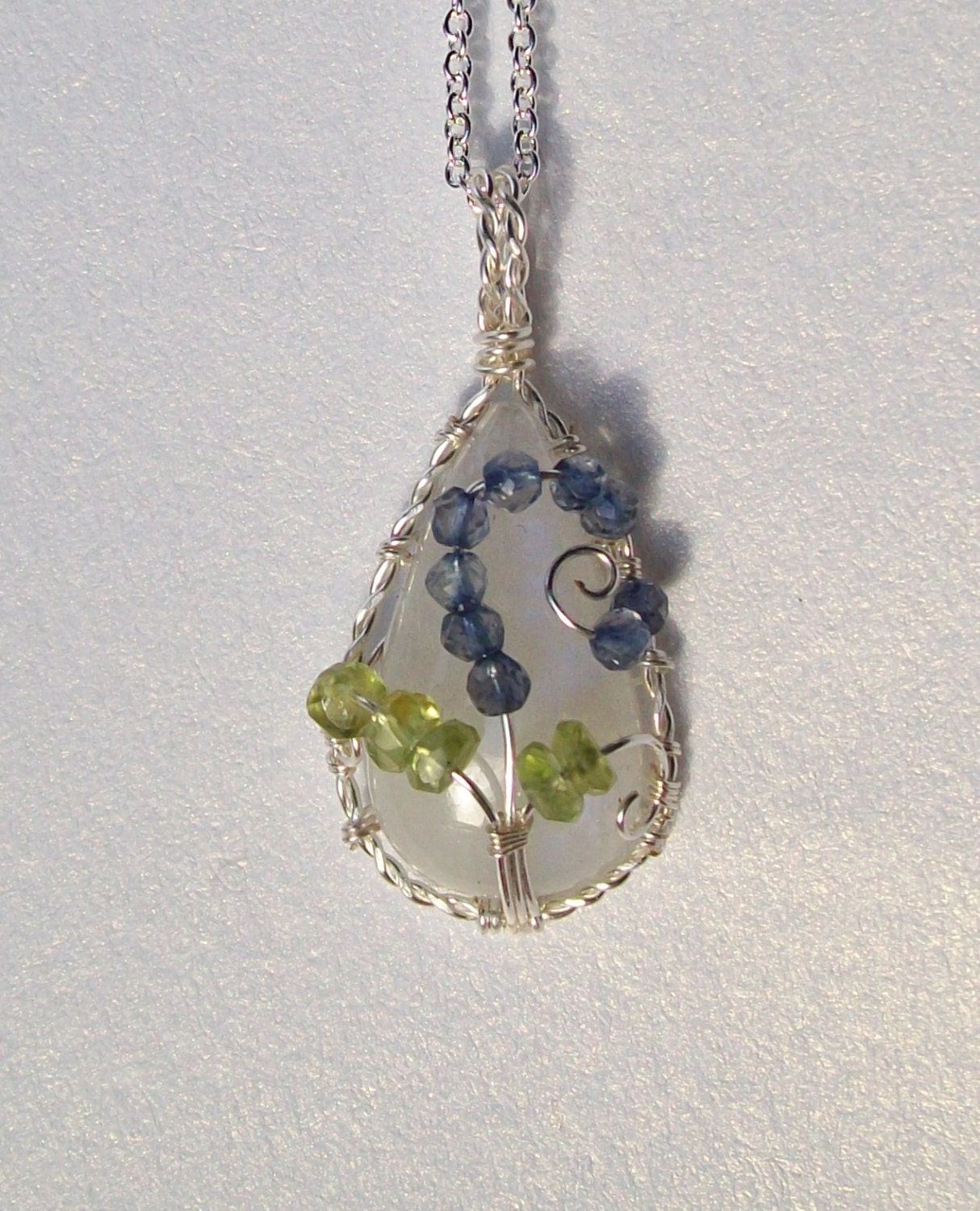 Rainbow Moonstone, Iolite and Peridot Flower Pendant