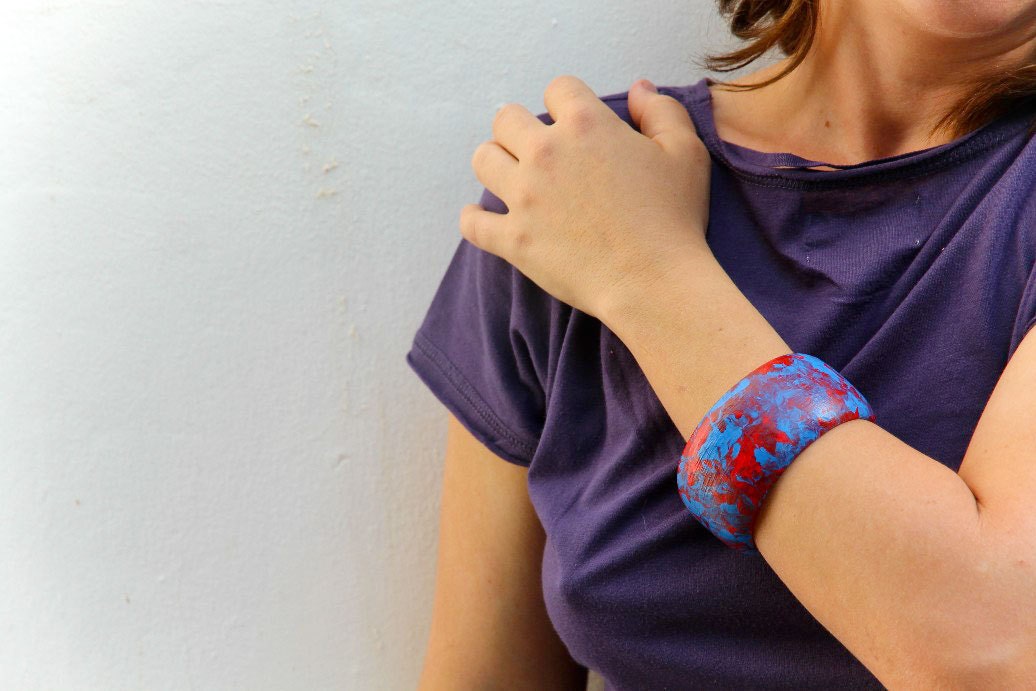 Statement Wooden Bracelet Bangle - Israel jewelry Hand Painted - Red Blue Modern style