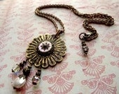 Found object jewelry, repurposed brass keyhole pendant, antique button jewelry, vintage escutcheon