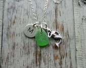 Mermaid Necklace Sterling Silver with Green Genuine Sea Glass Personalized Initial Charm Necklace Made to Order Ocean Gift
