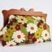 Home pouch - Retro flowers in green and purple - wooden frame clutch bag