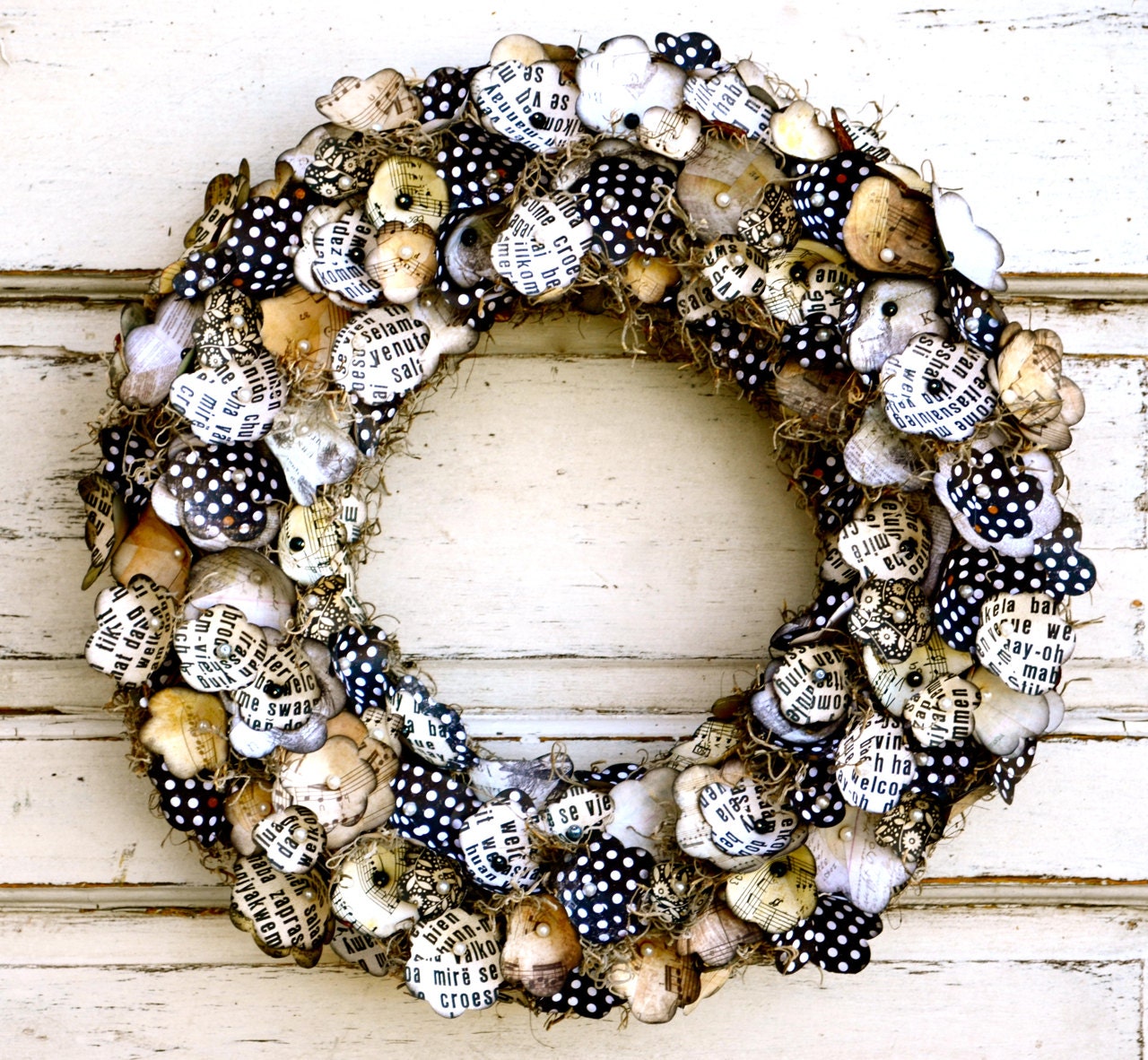 Black, White, Cream, Ivory, Polkadot, Paper Flower Wreath